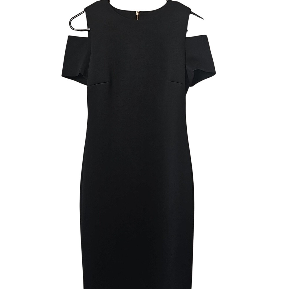 Calvin Klein Black Cold Shoulder Scuba Midi Zip Back Women's Dress Size 2
